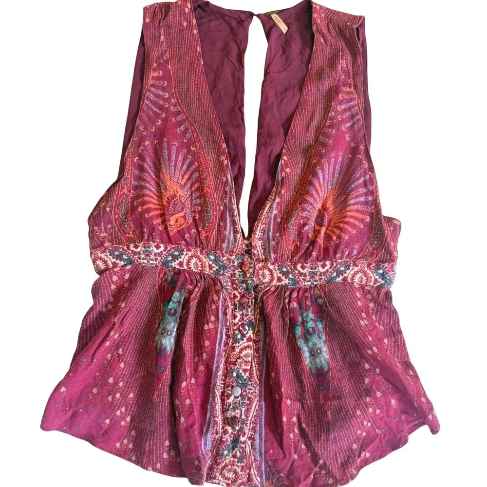 Free People Peplum Top Womens S Burgundy Paisley Sleeveless Boho V-Neck